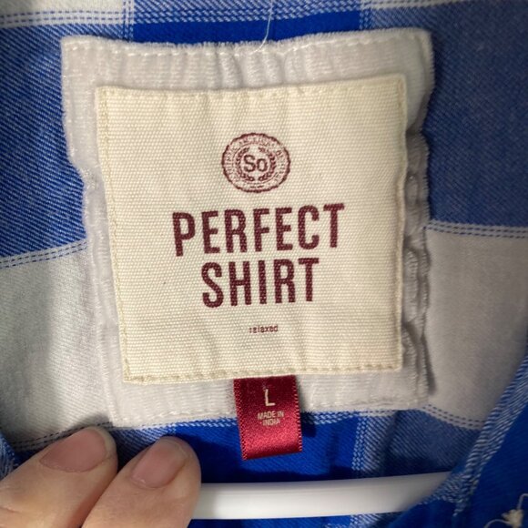 Womens So Perfect Shirt Buffalo Plaid Flannel Shirt Blue White Cotton L fits lik - Picture 6 of 8